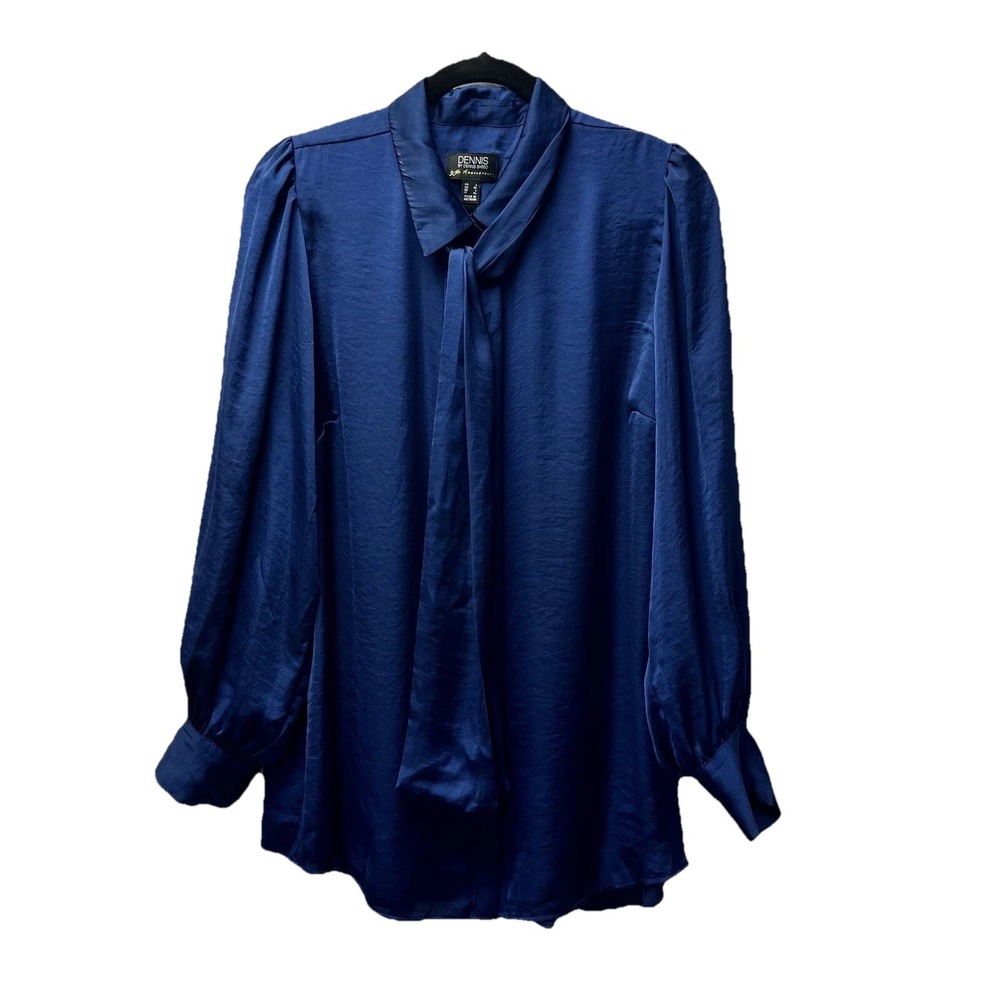 Dennis By Dennis Basso L Blue Silky Blouse‎ 80s Secretary Preppy Nerdy Tie Neck